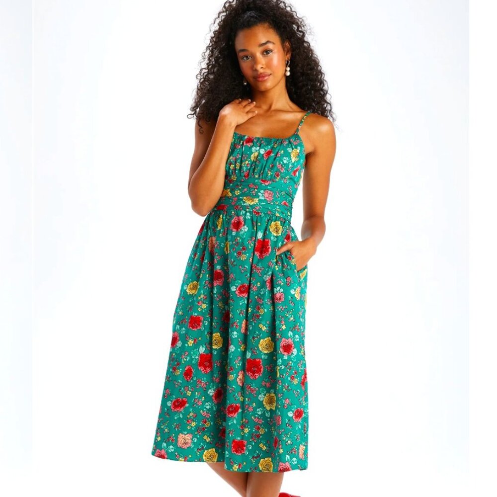 HVN Green Lucy Strappy Cotton Ruched Dress with Roses Print Size 2